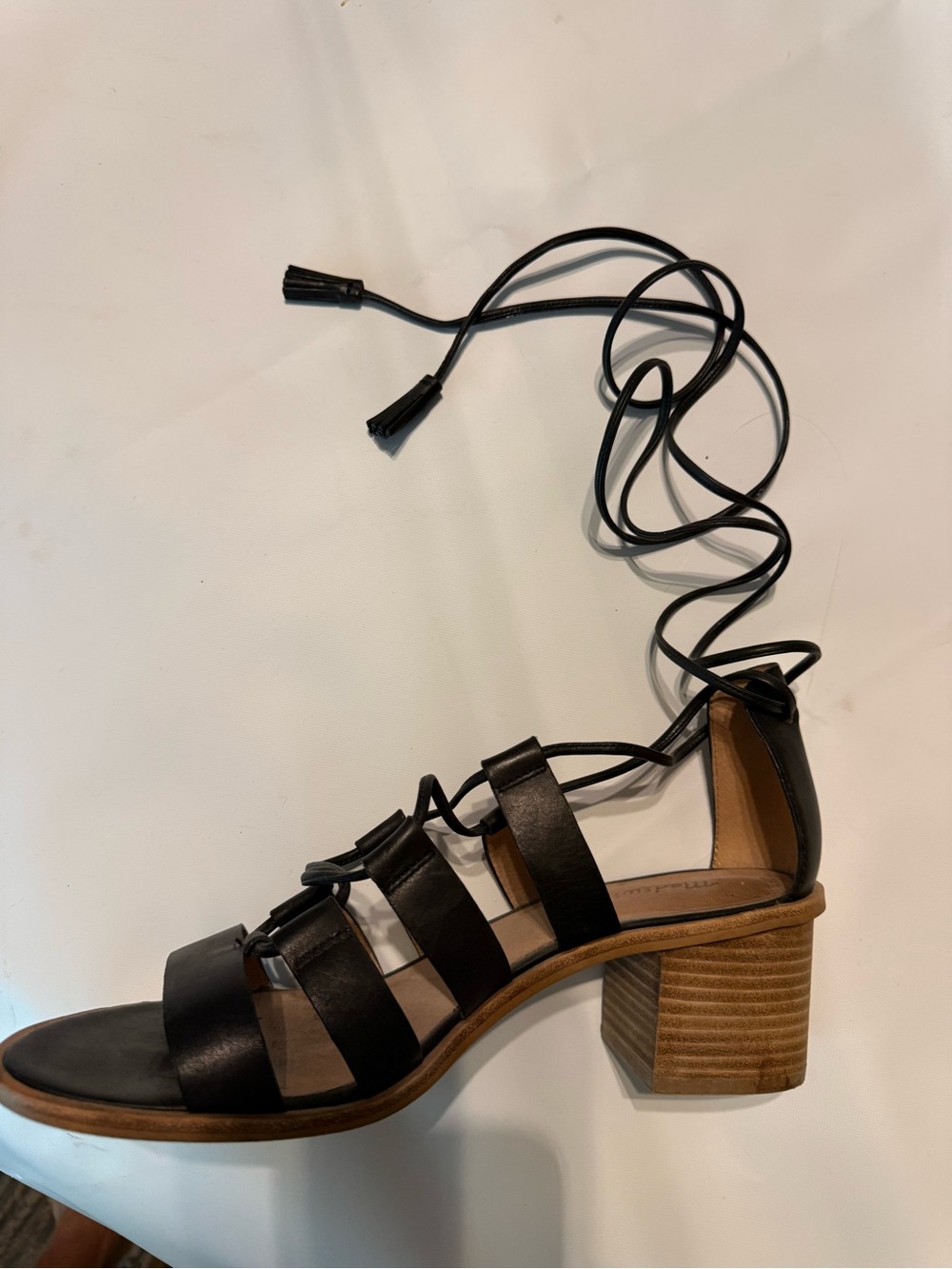 Lace-Up Black Leather Block Heel Sandal